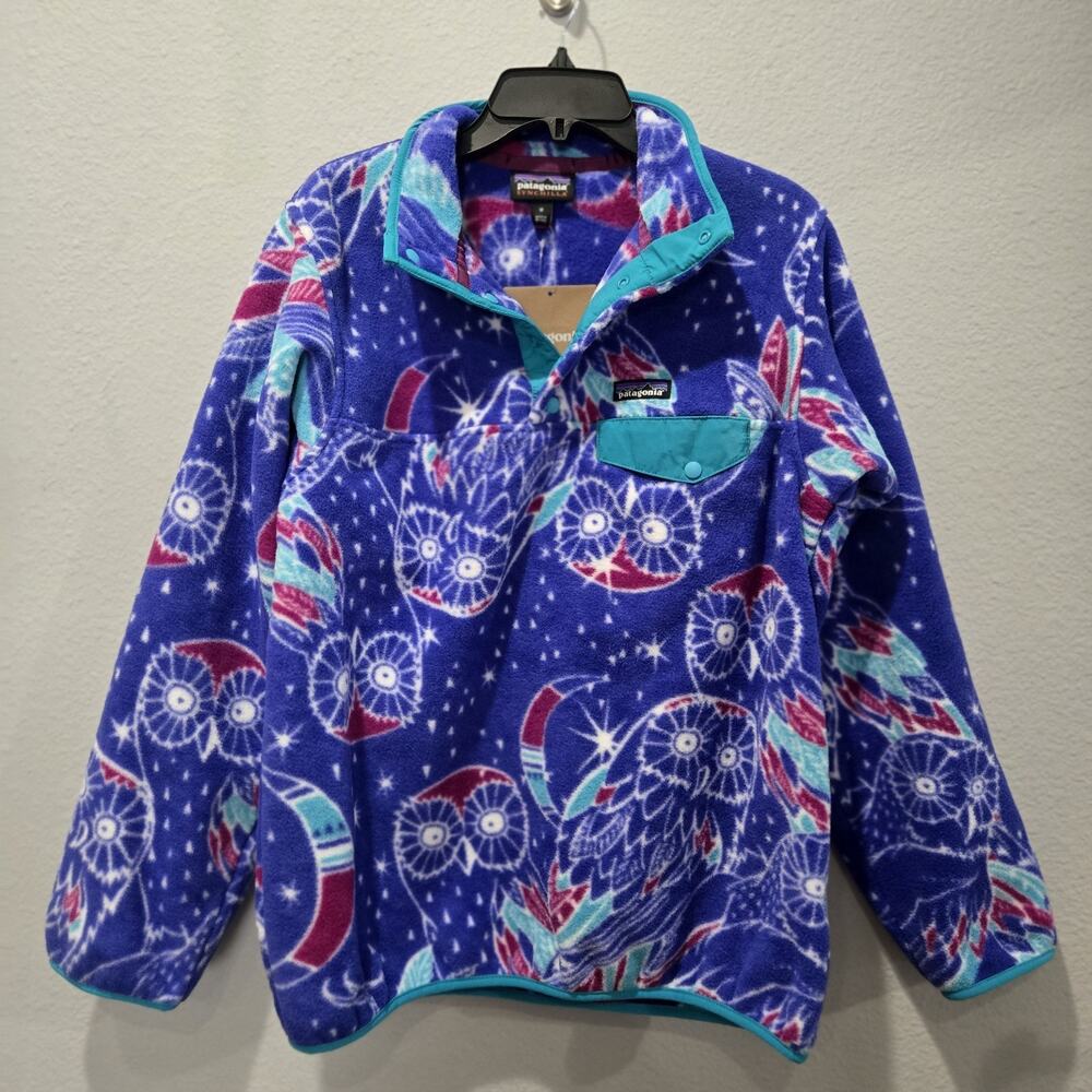 Patagonia Pullover Womens M Blue Synchilla Snap T Harvest Moon Owl Fleece